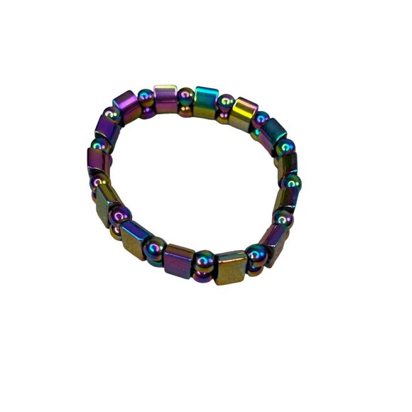 Black & Rainbow Hematite Beaded Stretch Bracelet Unisex 8" - Picture 3 of 6
